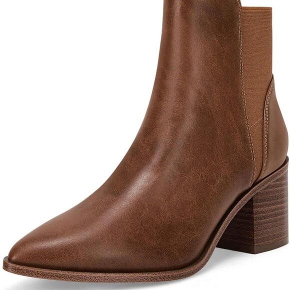 Women's Pointed Toe Ankle Boots Faux Leather Mid Heel Slip On Chelsea - Picture 1 of 5